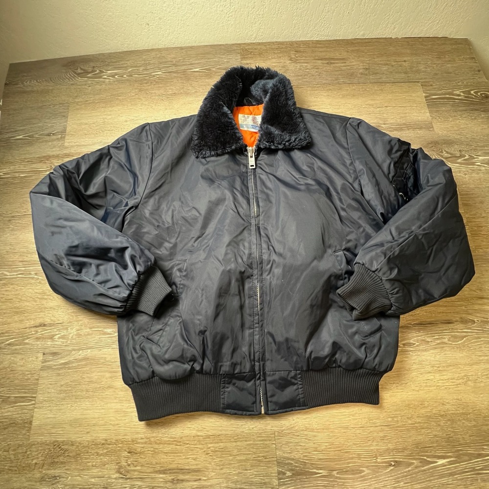 Sears Work Leisure Bomber Jacket Mens L Navy Blue Faux Fur Collar Vintage Flight